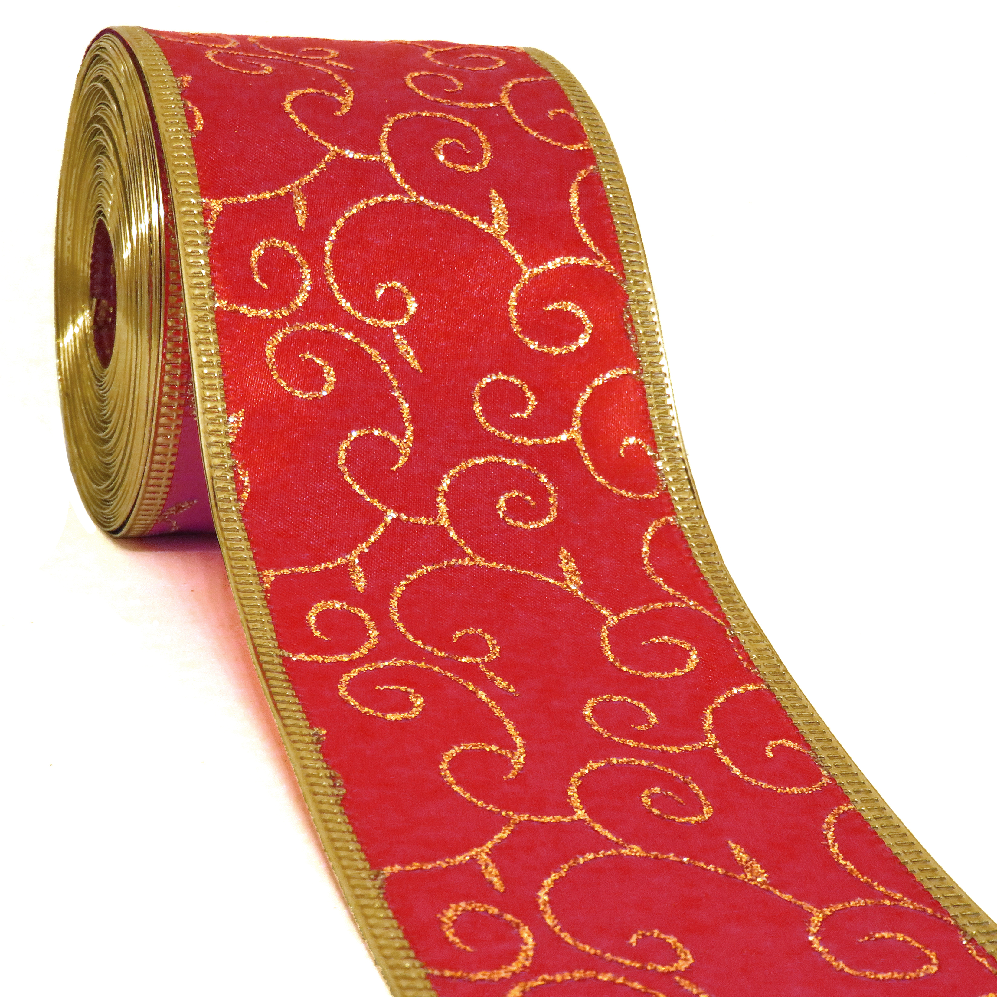 Wired Red Christmas Ribbon 40 FEET 2 1/2 Wide Satin & Gold Glitter Tree  Garland